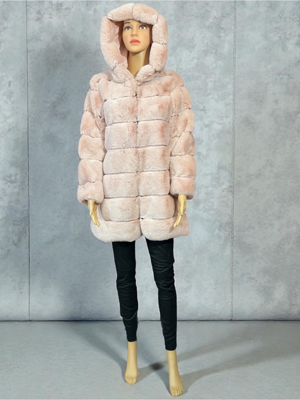 Cozy Hooded Teddy Coat in Blush Pink Grooved Faux Fur